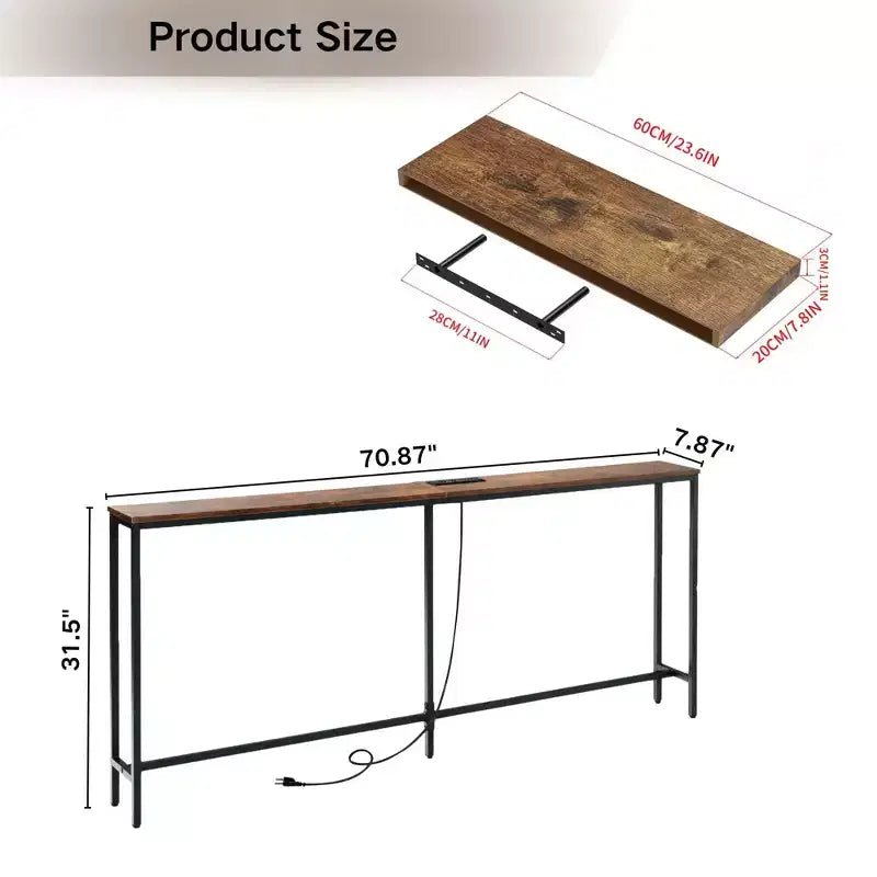 FurnitureR 71 Entryway Console Table with 2 Floating Wall Shelves, Industrial Narrow Hallway Table Set with Power Outlet for Living Room, Entryway