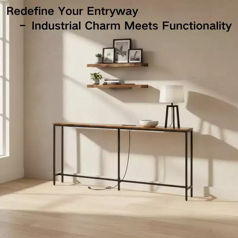 FurnitureR 71 Entryway Console Table with 2 Floating Wall Shelves, Industrial Narrow Hallway Table Set with Power Outlet for Living Room, Entryway