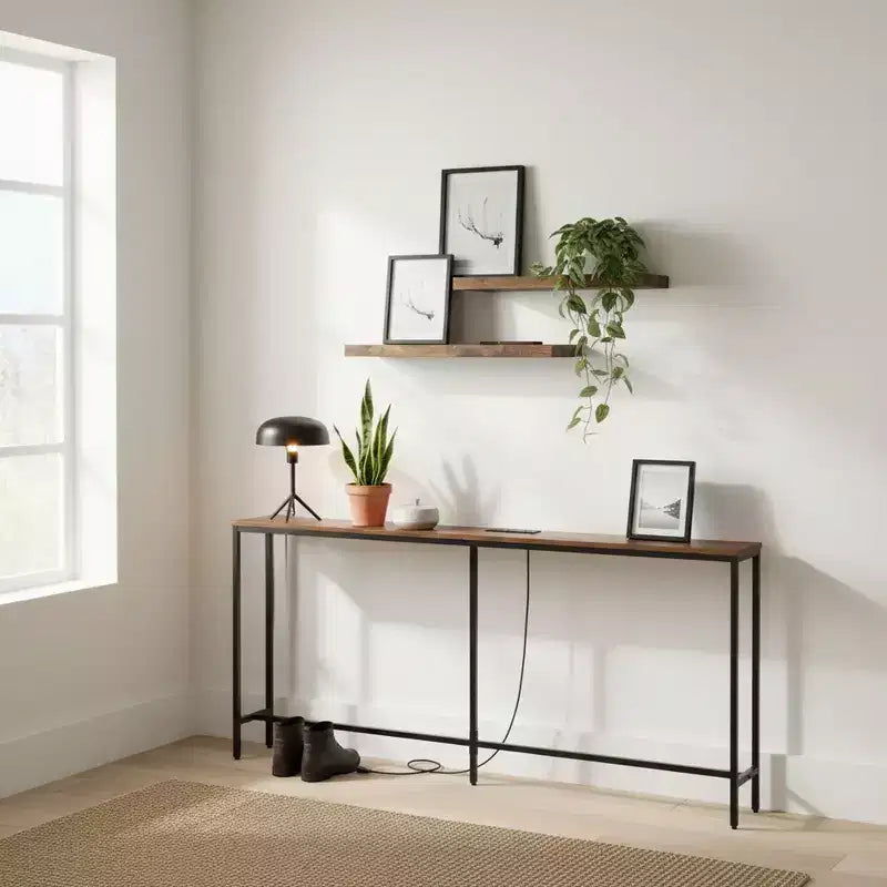 FurnitureR 71 Entryway Console Table with 2 Floating Wall Shelves, Industrial Narrow Hallway Table Set with Power Outlet for Living Room, Entryway