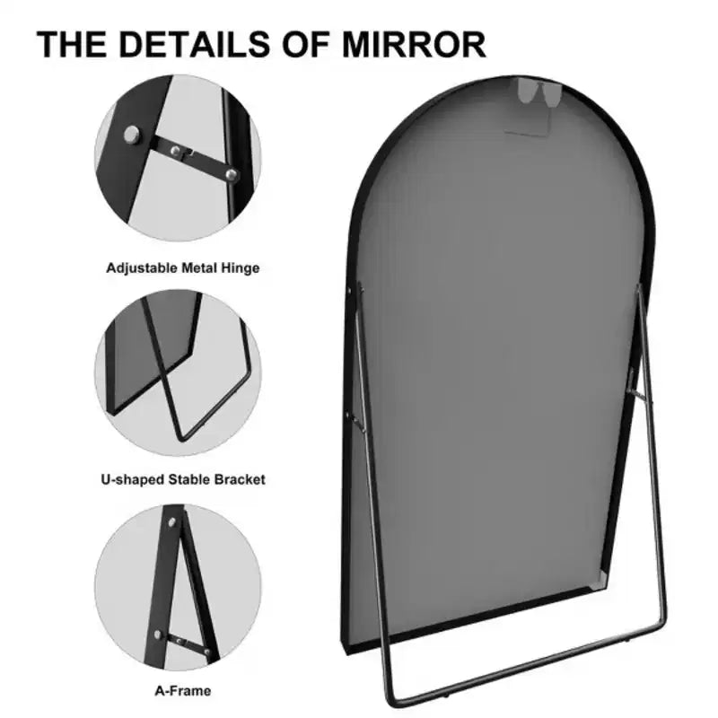 MAYEERTY Black 39.37 x 66.93 Inch Arch Shaped Thin Edged Aluminum Alloy Full Length Mirror with Stand for Living Room and Bedroom Wall Decor