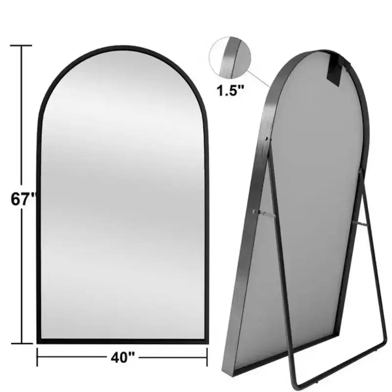 MAYEERTY Black 39.37 x 66.93 Inch Arch Shaped Thin Edged Aluminum Alloy Full Length Mirror with Stand for Living Room and Bedroom Wall Decor