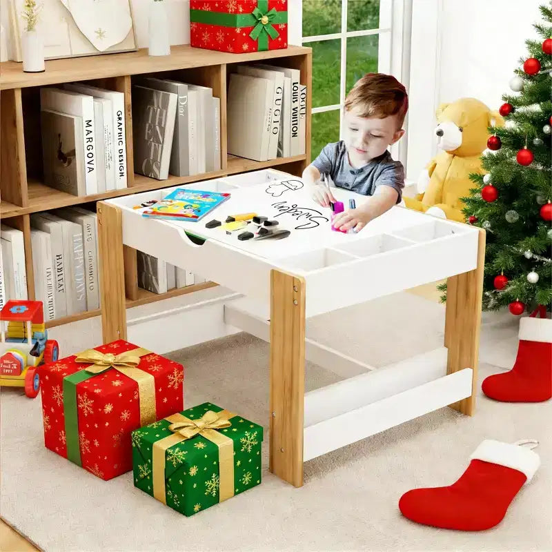 JVNOXK 2 in 1 Kids Play Table with 7 Storage Compartments,Compatible with LEGO Building Block,Modern Activity Learning Table Game Furniture-White