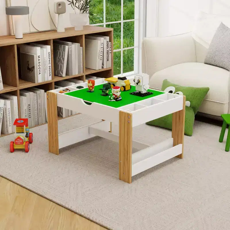 JVNOXK 2 in 1 Kids Play Table with 7 Storage Compartments,Compatible with LEGO Building Block,Modern Activity Learning Table Game Furniture-White