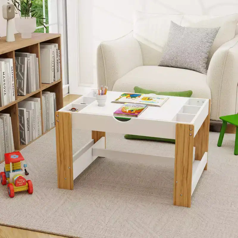 JVNOXK 2 in 1 Kids Play Table with 7 Storage Compartments,Compatible with LEGO Building Block,Modern Activity Learning Table Game Furniture-White