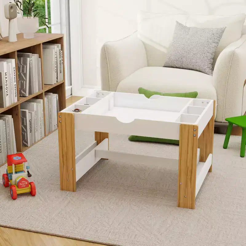 JVNOXK 2 in 1 Kids Play Table with 7 Storage Compartments,Compatible with LEGO Building Block,Modern Activity Learning Table Game Furniture-White