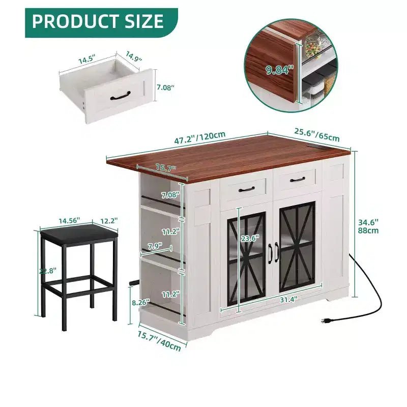 Kitchen Island With Drop Leaf 2 Bar Stools 47 Inch Portable Islands Table With Power Outlets Storage And Seating For Kitchen Cart, Brown
