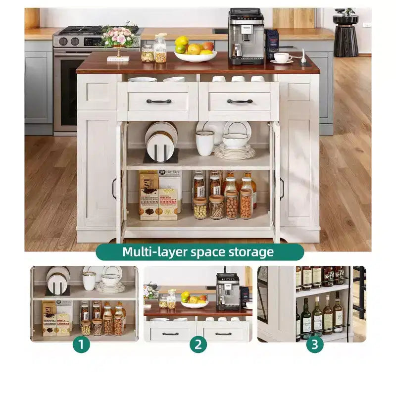 Kitchen Island With Drop Leaf 2 Bar Stools 47 Inch Portable Islands Table With Power Outlets Storage And Seating For Kitchen Cart, Brown