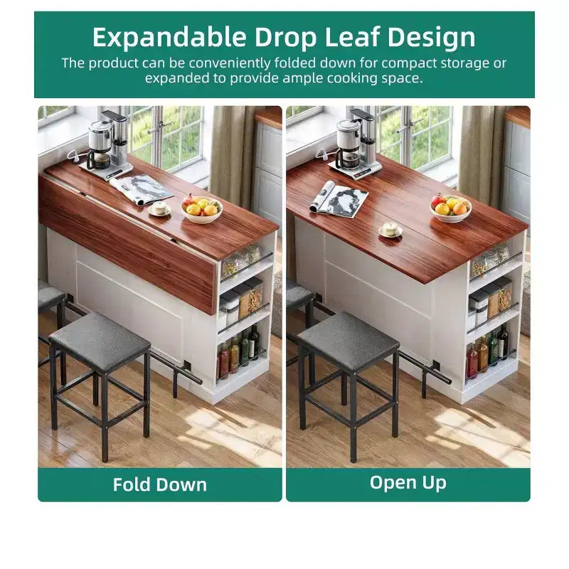 Kitchen Island With Drop Leaf 2 Bar Stools 47 Inch Portable Islands Table With Power Outlets Storage And Seating For Kitchen Cart, Brown