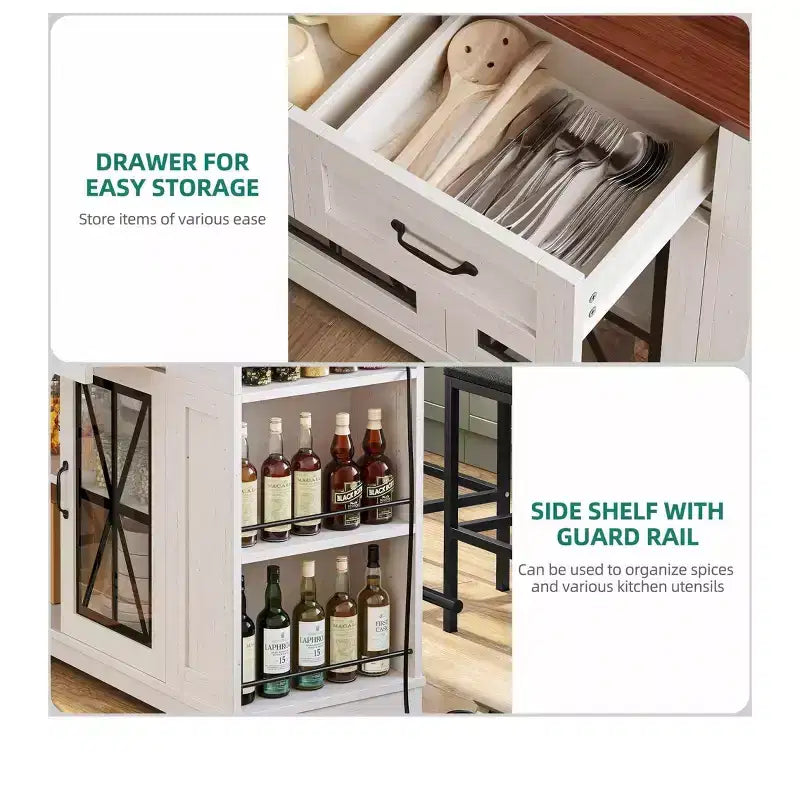 Kitchen Island With Drop Leaf 2 Bar Stools 47 Inch Portable Islands Table With Power Outlets Storage And Seating For Kitchen Cart, Brown