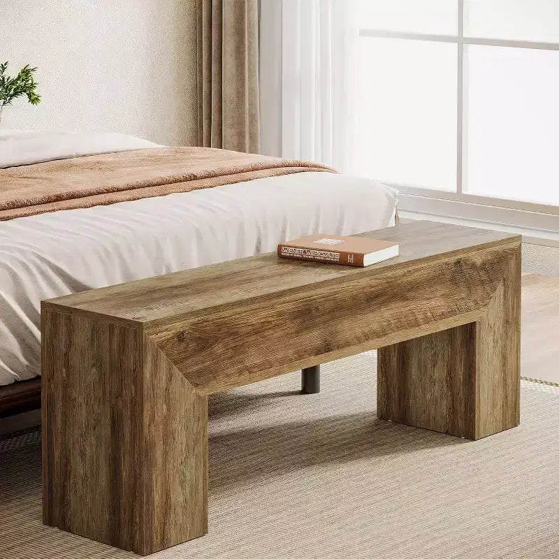 Lantine 7'' Wooden Entryway Bench, Farmhouse Entry Bench Seat, Indoor End of Bed Bench for Living Room, Bedroom, Hallway, Easy Assembly, Oak Brown