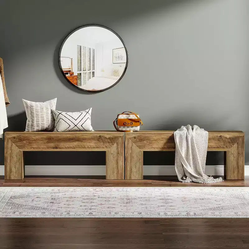 Lantine 7'' Wooden Entryway Bench, Farmhouse Entry Bench Seat, Indoor End of Bed Bench for Living Room, Bedroom, Hallway, Easy Assembly, Oak Brown