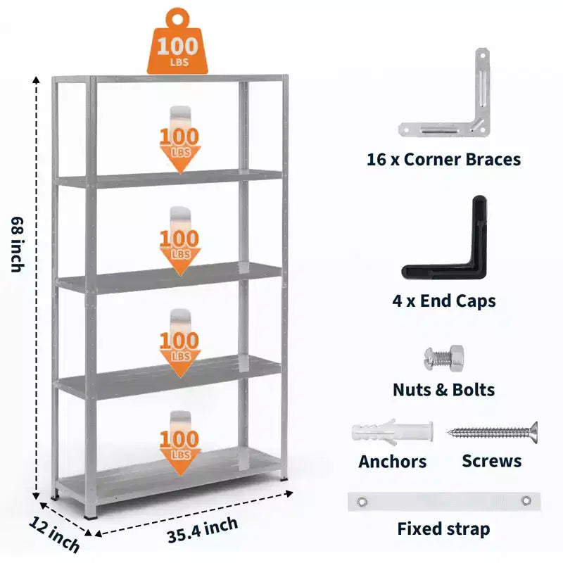 5-Shelf Shelving, Storage Shelves Metal Bookshelves for Storage, Adjustable Garage Shelving Heavy Duty Storage Rack Pantry Shelf Kitchen Shelving