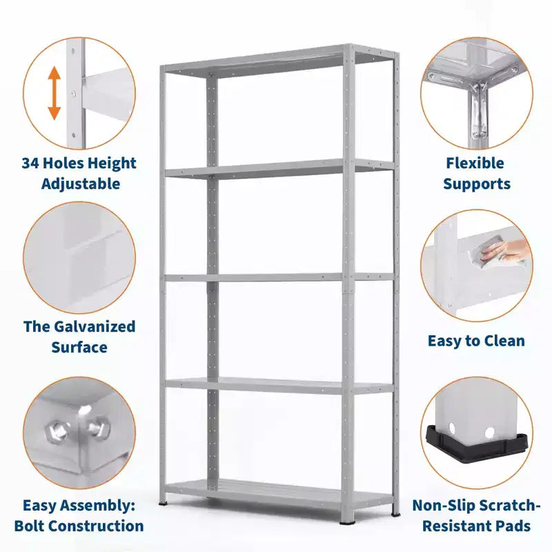 5-Shelf Shelving, Storage Shelves Metal Bookshelves for Storage, Adjustable Garage Shelving Heavy Duty Storage Rack Pantry Shelf Kitchen Shelving
