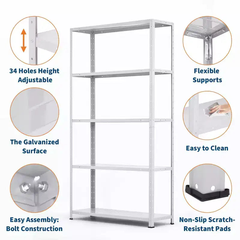 5-Shelf Shelving, Storage Shelves Metal Bookshelves for Storage, Adjustable Garage Shelving Heavy Duty Storage Rack Pantry Shelf Kitchen Shelving