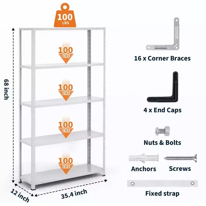5-Shelf Shelving, Storage Shelves Metal Bookshelves for Storage, Adjustable Garage Shelving Heavy Duty Storage Rack Pantry Shelf Kitchen Shelving