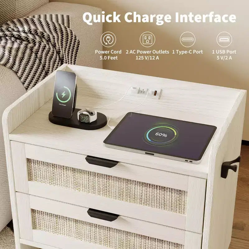 Rattan Nightstand, Bedside Table with Type-C Charging Station, 2 Storage Drawer Space, Boho End Table Side Table for Bedroom Living Room Office