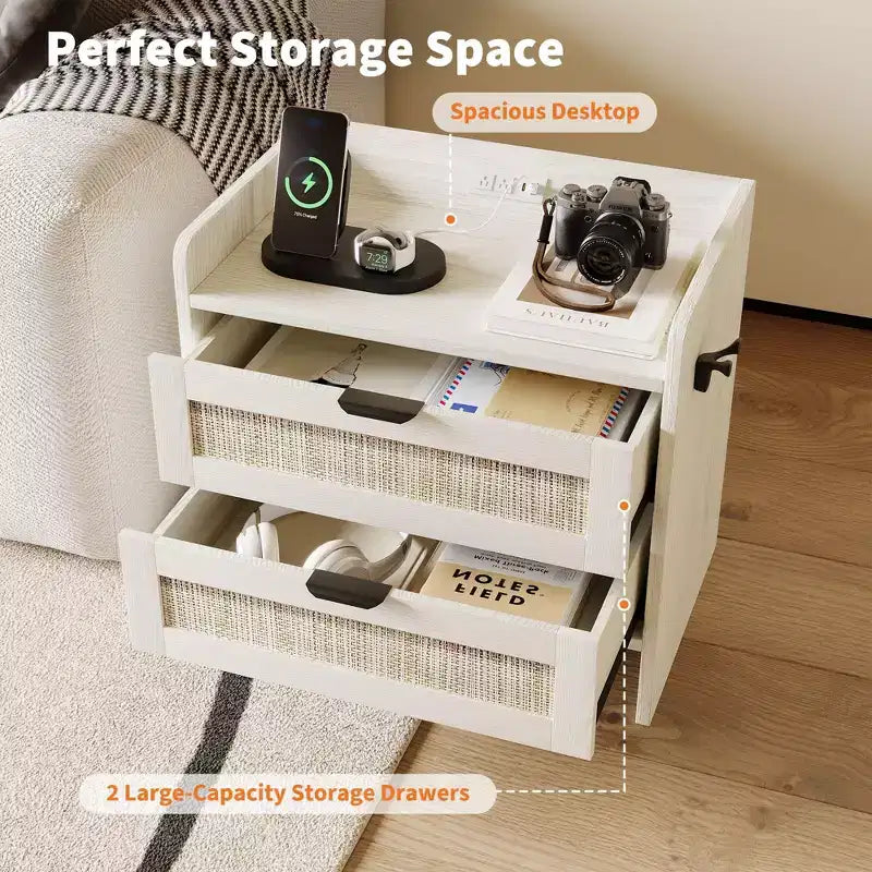 Rattan Nightstand, Bedside Table with Type-C Charging Station, 2 Storage Drawer Space, Boho End Table Side Table for Bedroom Living Room Office
