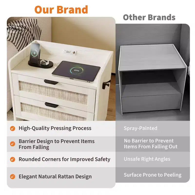 Rattan Nightstand, Bedside Table with Type-C Charging Station, 2 Storage Drawer Space, Boho End Table Side Table for Bedroom Living Room Office