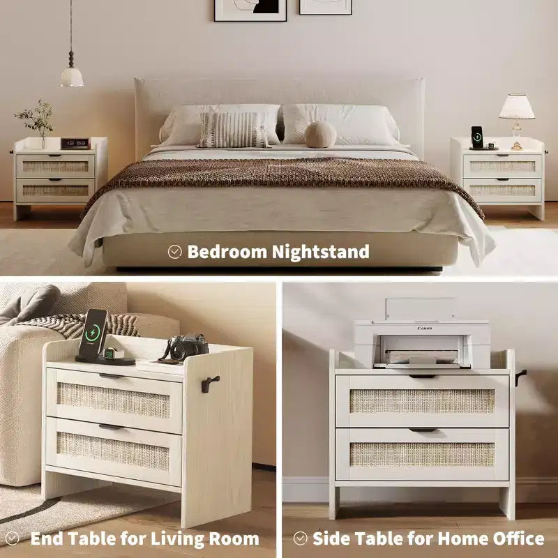 Rattan Nightstand, Bedside Table with Type-C Charging Station, 2 Storage Drawer Space, Boho End Table Side Table for Bedroom Living Room Office