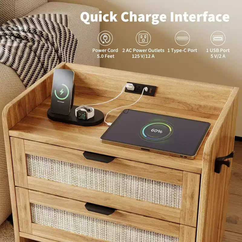 Rattan Nightstand, Bedside Table with Type-C Charging Station, 2 Storage Drawer Space, Boho End Table Side Table for Bedroom Living Room Office