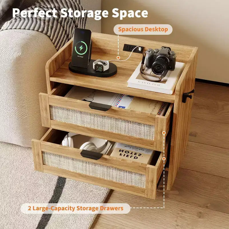 Rattan Nightstand, Bedside Table with Type-C Charging Station, 2 Storage Drawer Space, Boho End Table Side Table for Bedroom Living Room Office