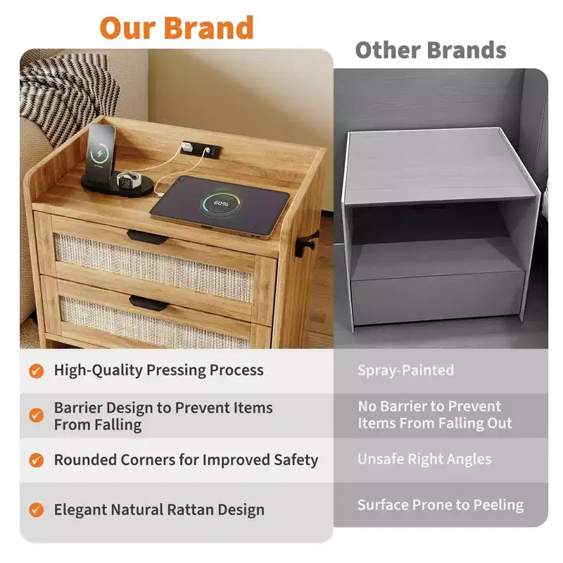 Rattan Nightstand, Bedside Table with Type-C Charging Station, 2 Storage Drawer Space, Boho End Table Side Table for Bedroom Living Room Office
