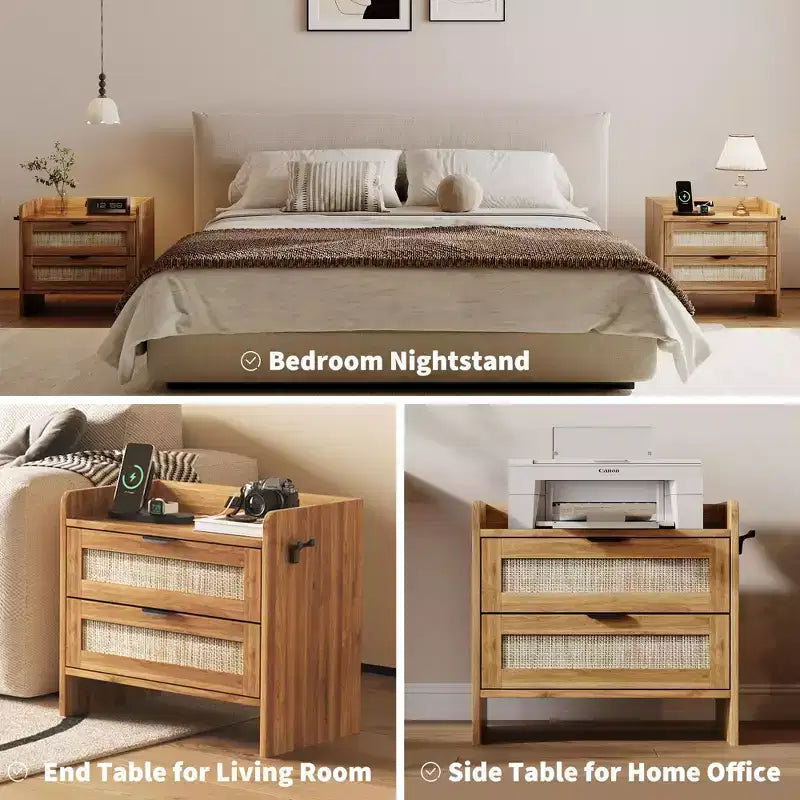 Rattan Nightstand, Bedside Table with Type-C Charging Station, 2 Storage Drawer Space, Boho End Table Side Table for Bedroom Living Room Office