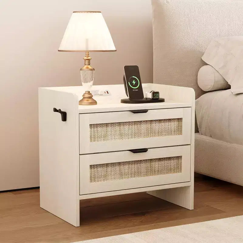 Rattan Nightstand, Bedside Table with Type-C Charging Station, 2 Storage Drawer Space, Boho End Table Side Table for Bedroom Living Room Office