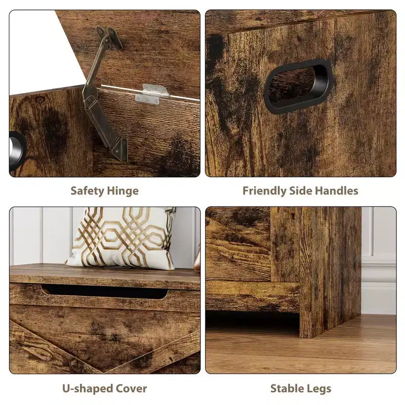 30 Inch Wooden Storage Bench with Safety Hinge, Large Shoe Storage Chest, Easy Assembly, Versatile Entryway, Living Room, and Bedroom