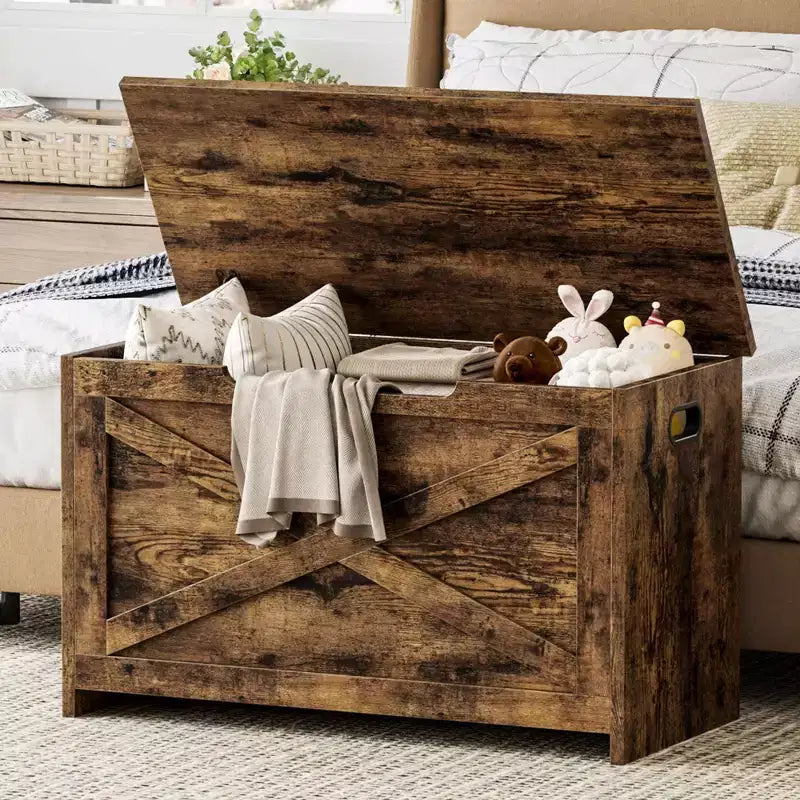 30 Inch Wooden Storage Bench with Safety Hinge, Large Shoe Storage Chest, Easy Assembly, Versatile Entryway, Living Room, and Bedroom