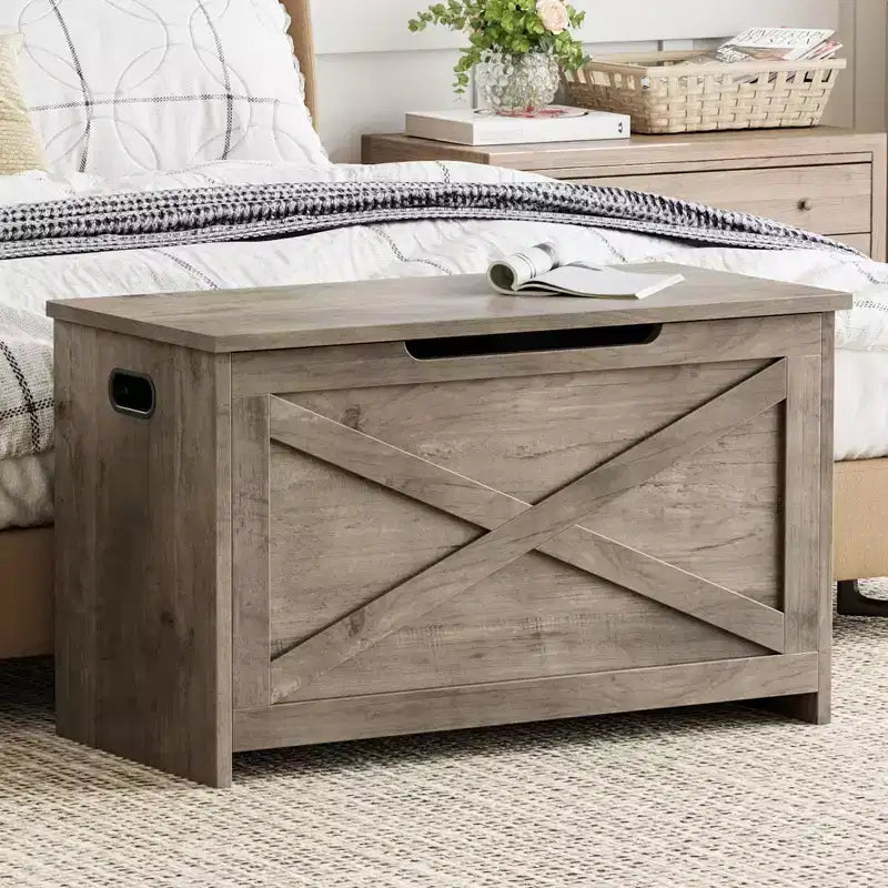 30 Inch Wooden Storage Bench with Safety Hinge, Large Shoe Storage Chest, Easy Assembly, Versatile Entryway, Living Room, and Bedroom