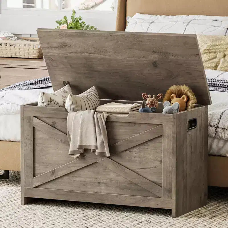 30 Inch Wooden Storage Bench with Safety Hinge, Large Shoe Storage Chest, Easy Assembly, Versatile Entryway, Living Room, and Bedroom
