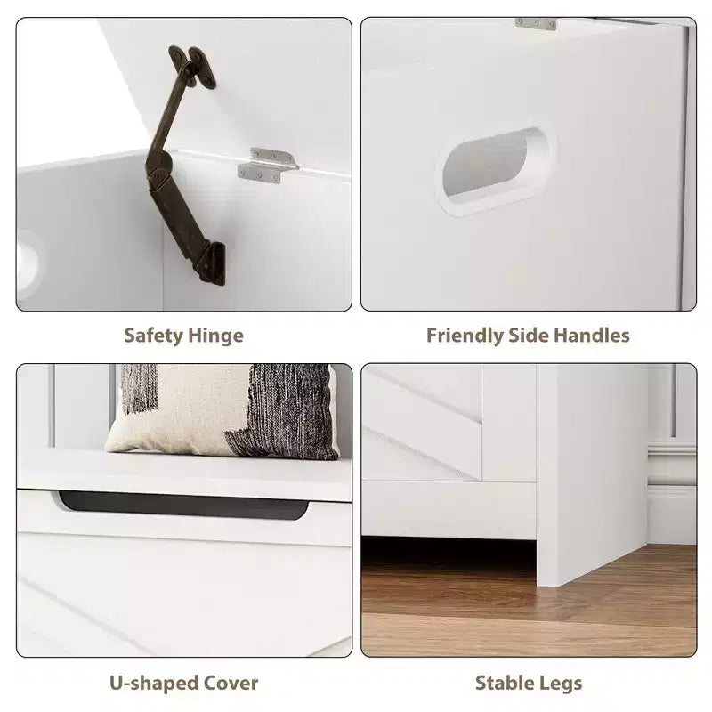 30 Inch Wooden Storage Bench with Safety Hinge, Large Shoe Storage Chest, Easy Assembly, Versatile Entryway, Living Room, and Bedroom