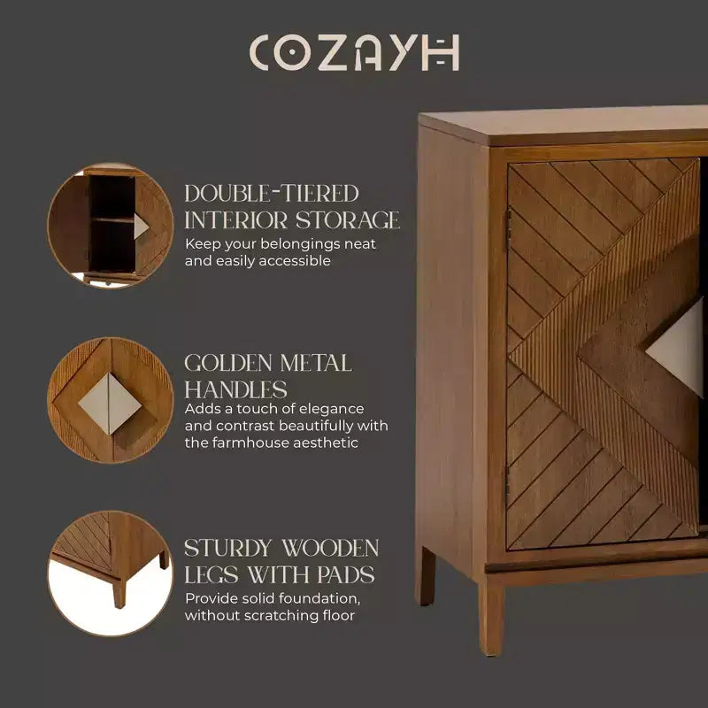 COZAYH Set of 2 Farmhouse Storage Cabinets, Accent Furniture with Geometric Wood Doors for Entryway, Living Room, or Dining Room, Wood