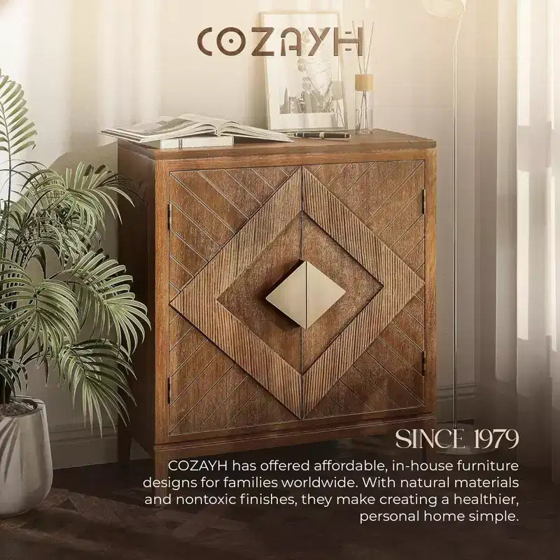 COZAYH Set of 2 Farmhouse Storage Cabinets, Accent Furniture with Geometric Wood Doors for Entryway, Living Room, or Dining Room, Wood