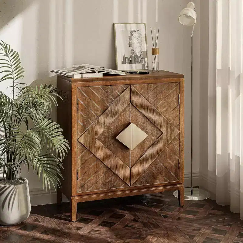 COZAYH Set of 2 Farmhouse Storage Cabinets, Accent Furniture with Geometric Wood Doors for Entryway, Living Room, or Dining Room, Wood