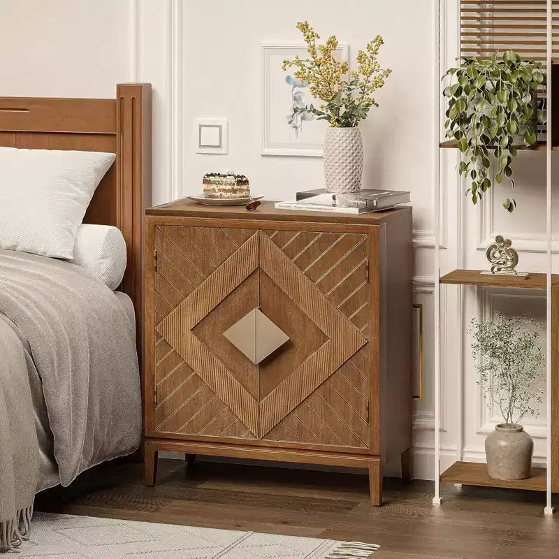 COZAYH Set of 2 Farmhouse Storage Cabinets, Accent Furniture with Geometric Wood Doors for Entryway, Living Room, or Dining Room, Wood
