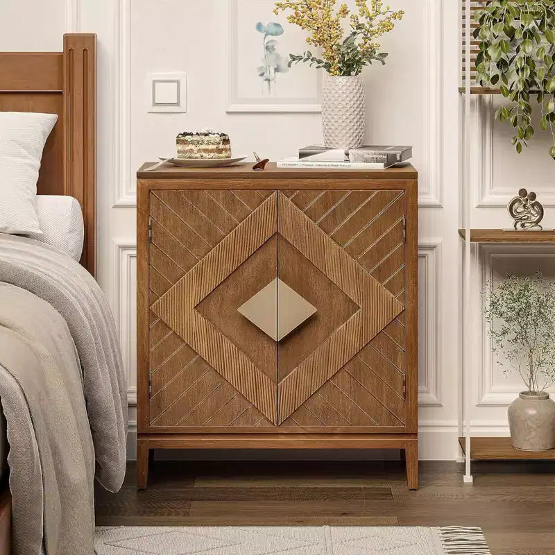 COZAYH Set of 2 Farmhouse Storage Cabinets, Accent Furniture with Geometric Wood Doors for Entryway, Living Room, or Dining Room, Wood