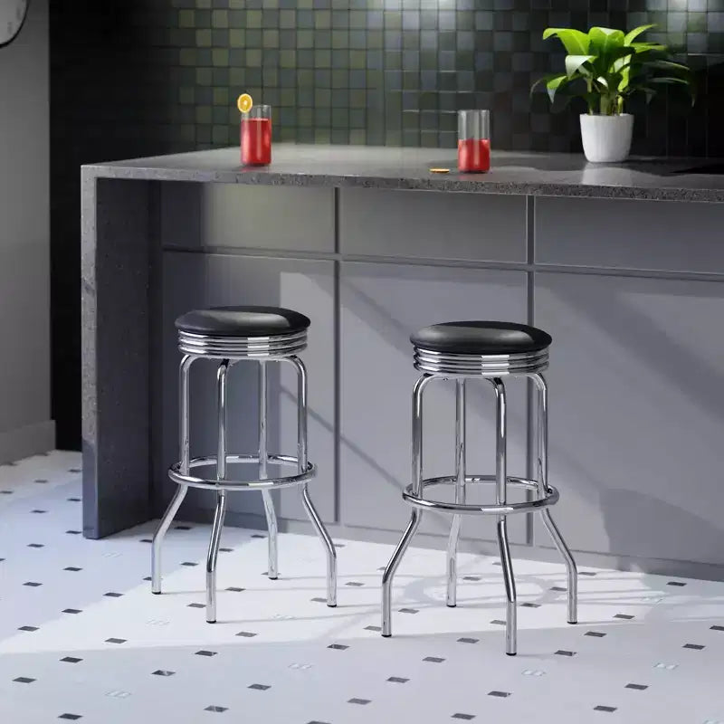 2pc Summit Swivel Stools Metal with Faux Leather Barstools Black - Winsome: Fixed Height, Round Seat, Retro Style