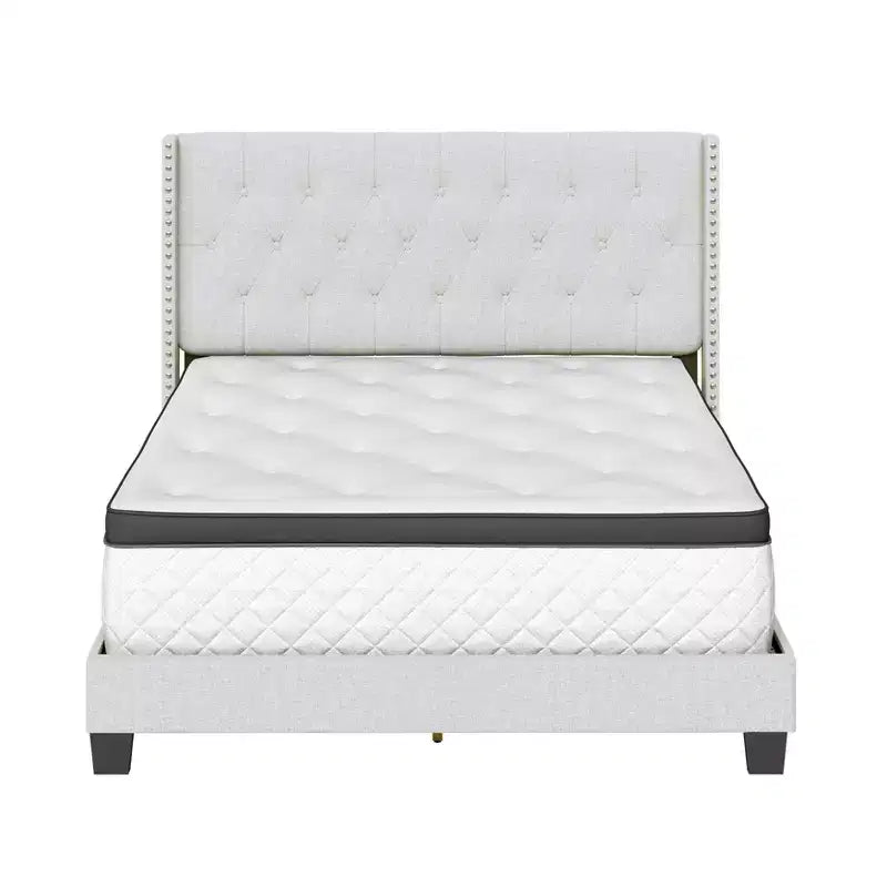Maya Wingback Button Tufted Linen Upholstered Platform Bed with Nailhead Trim - Eco Dream
