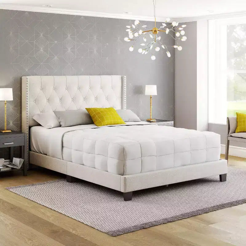 Maya Wingback Button Tufted Linen Upholstered Platform Bed with Nailhead Trim - Eco Dream