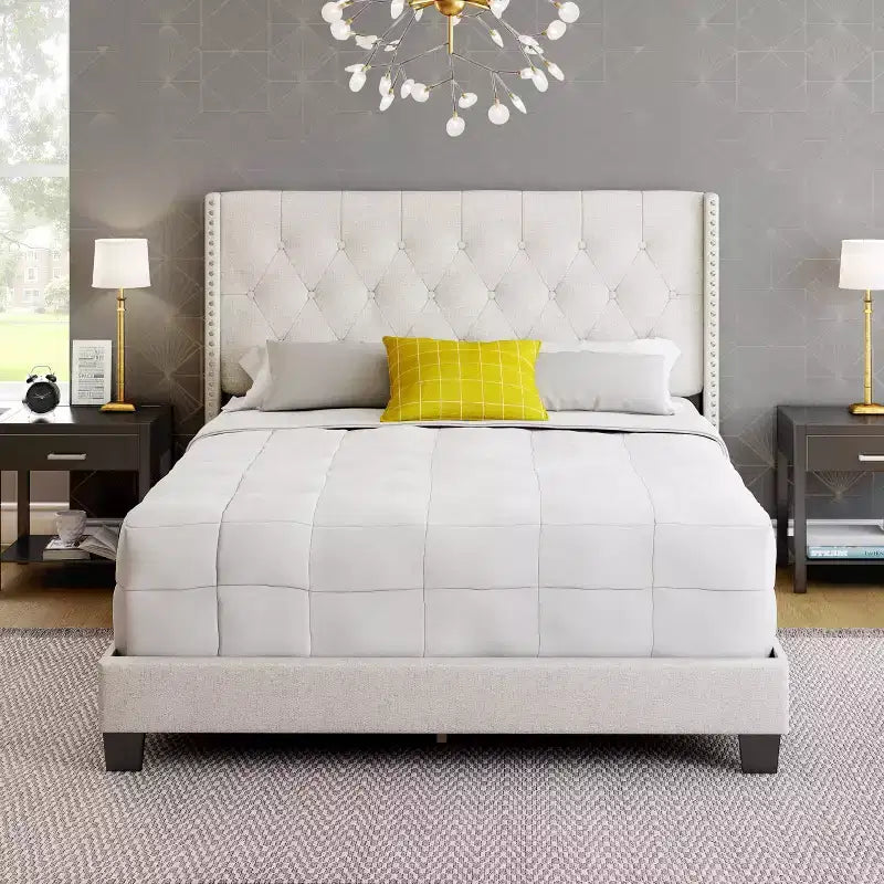 Maya Wingback Button Tufted Linen Upholstered Platform Bed with Nailhead Trim - Eco Dream