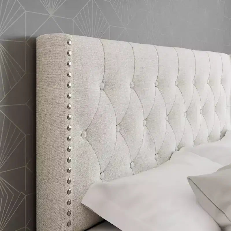 Maya Wingback Button Tufted Linen Upholstered Platform Bed with Nailhead Trim - Eco Dream